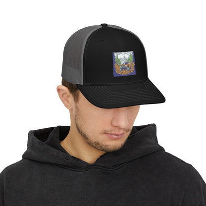 Red ORV Adventure-Themed Snapback Trucker Cap with Embroidered Design