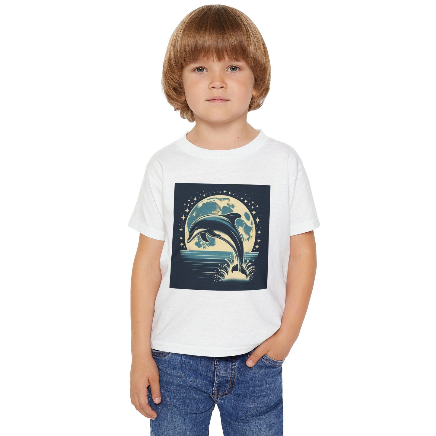 Dolphin with a Full Moon and Starry Night Toddler T-Shirt – Perfect for Little Sea Explorers