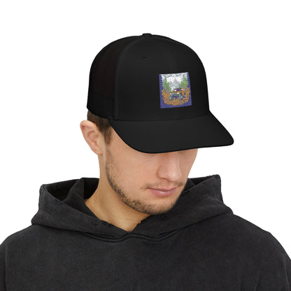Red ORV Adventure-Themed Snapback Trucker Cap with Embroidered Design