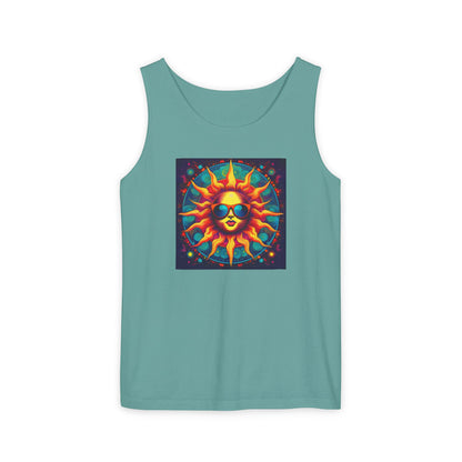 Sun-Inspired Unisex Garment-Dyed Tank Top, Boho Summer Shirt, Festival Wear, Sunscreen Beach Top, Yoga & Meditation Apparel
