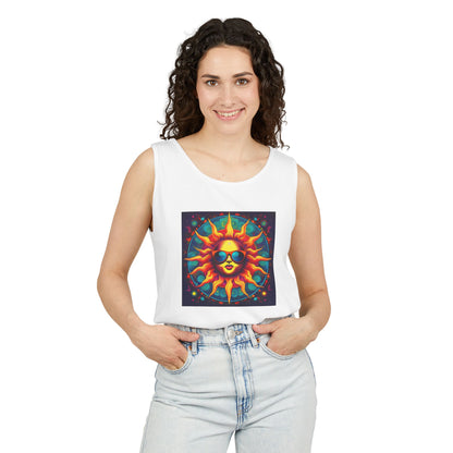 Sun-Inspired Unisex Garment-Dyed Tank Top, Boho Summer Shirt, Festival Wear, Sunscreen Beach Top, Yoga & Meditation Apparel