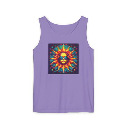 Sun-Inspired Unisex Garment-Dyed Tank Top, Boho Summer Shirt, Festival Wear, Sunscreen Beach Top, Yoga & Meditation Apparel