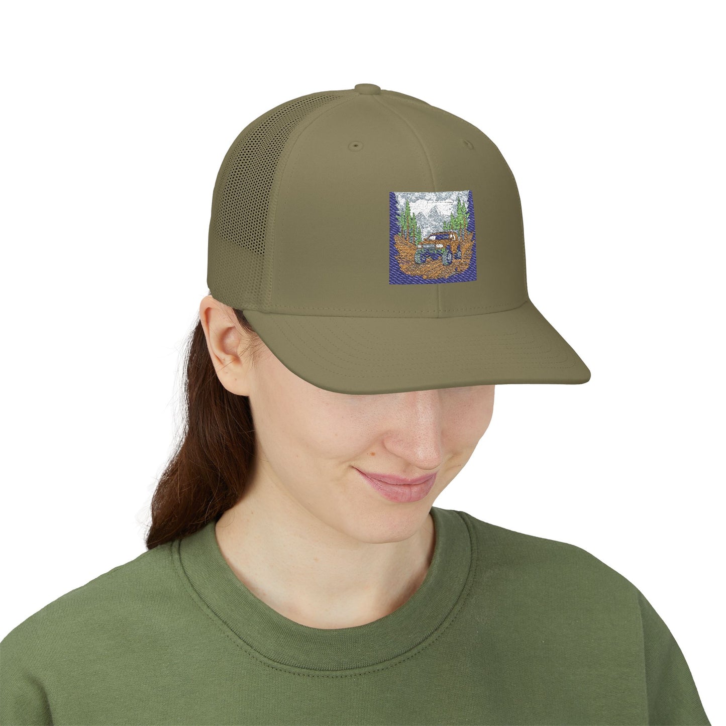 Red ORV Adventure-Themed Snapback Trucker Cap with Embroidered Design