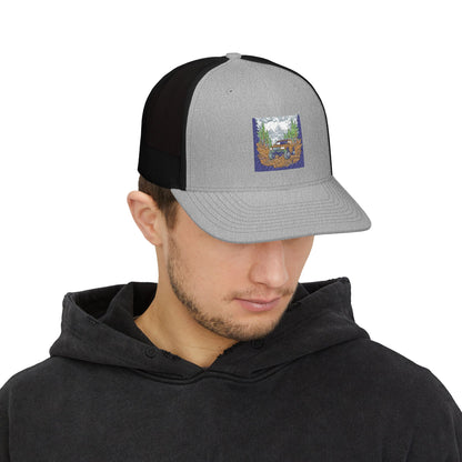 Red ORV Adventure-Themed Snapback Trucker Cap with Embroidered Design