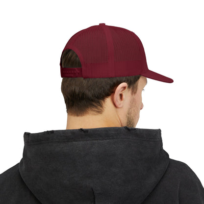 Red ORV Adventure-Themed Snapback Trucker Cap with Embroidered Design