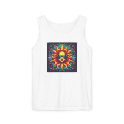 Sun-Inspired Unisex Garment-Dyed Tank Top, Boho Summer Shirt, Festival Wear, Sunscreen Beach Top, Yoga & Meditation Apparel