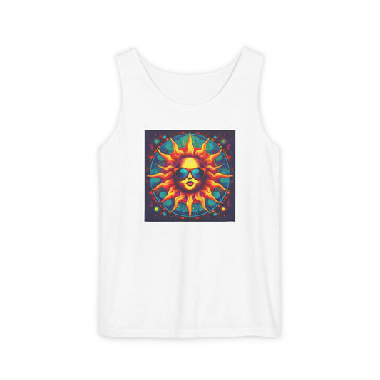 Sun-Inspired Unisex Garment-Dyed Tank Top, Boho Summer Shirt, Festival Wear, Sunscreen Beach Top, Yoga & Meditation Apparel