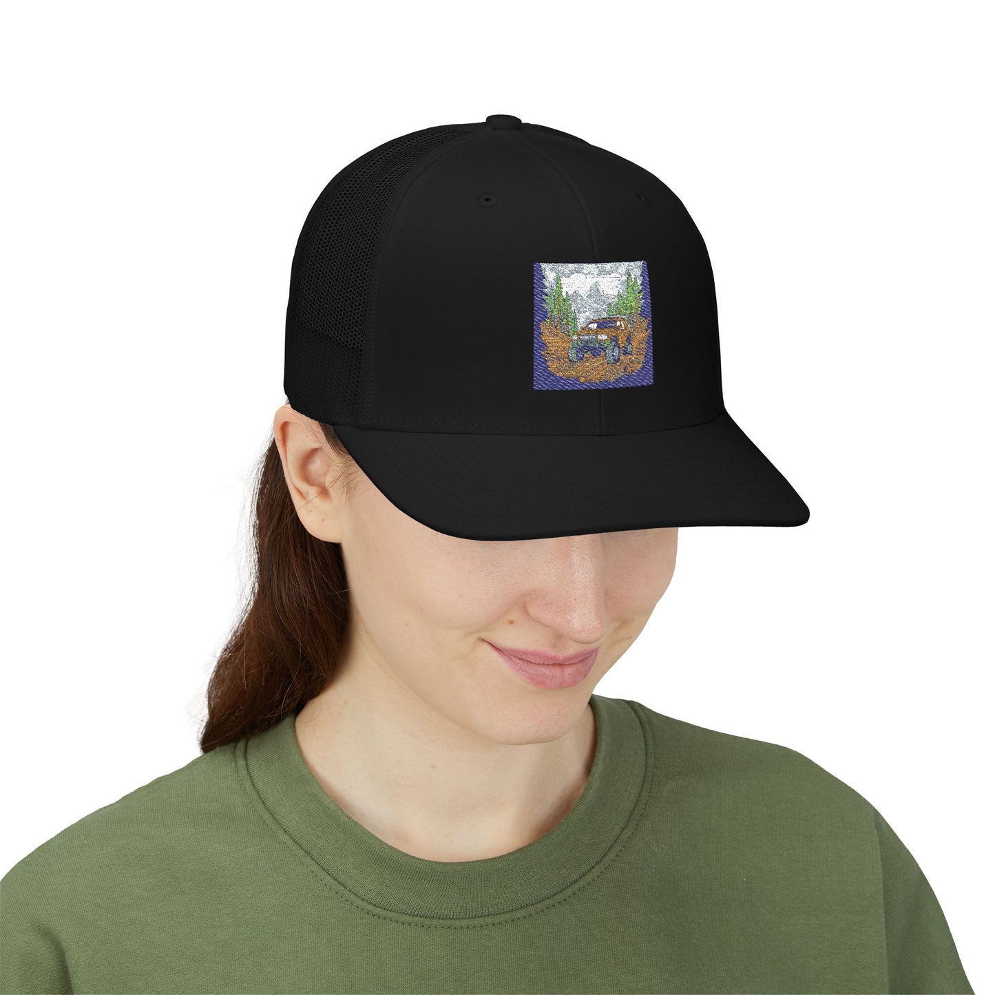 Red ORV Adventure-Themed Snapback Trucker Cap with Embroidered Design