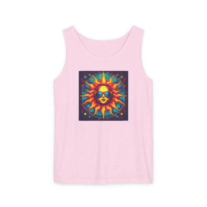 Sun-Inspired Unisex Garment-Dyed Tank Top, Boho Summer Shirt, Festival Wear, Sunscreen Beach Top, Yoga & Meditation Apparel
