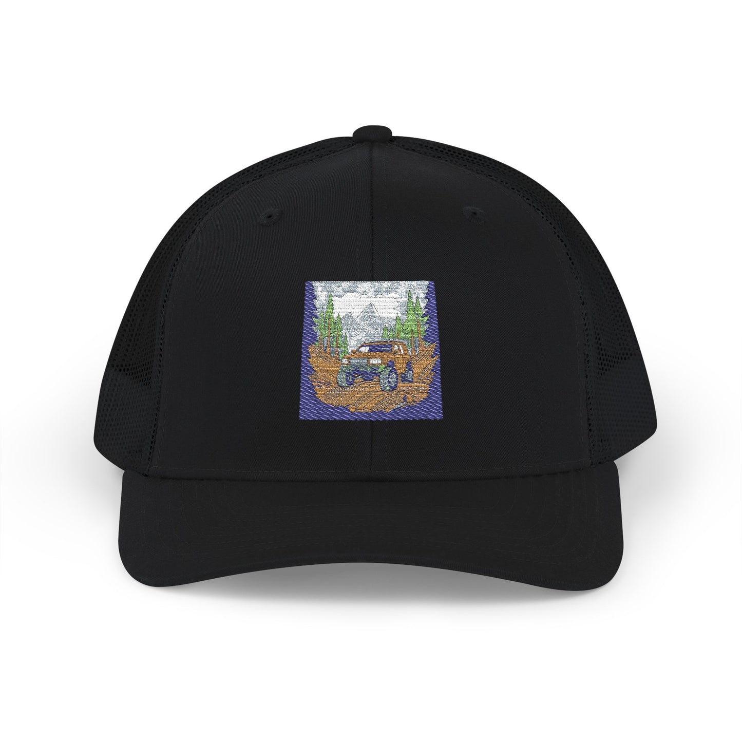 Red ORV Adventure-Themed Snapback Trucker Cap with Embroidered Design