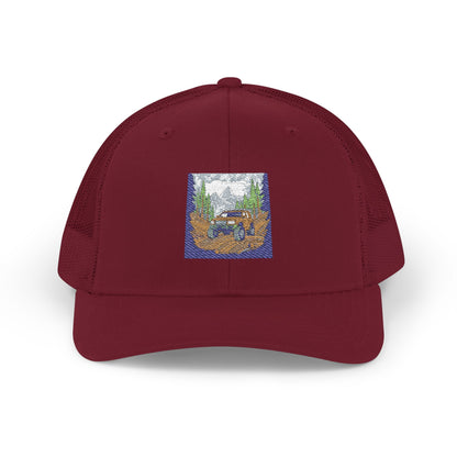 Red ORV Adventure-Themed Snapback Trucker Cap with Embroidered Design