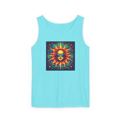 Sun-Inspired Unisex Garment-Dyed Tank Top, Boho Summer Shirt, Festival Wear, Sunscreen Beach Top, Yoga & Meditation Apparel