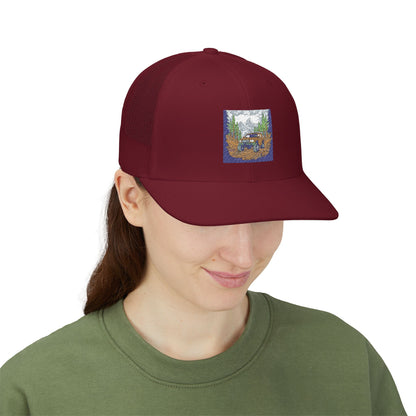 Red ORV Adventure-Themed Snapback Trucker Cap with Embroidered Design